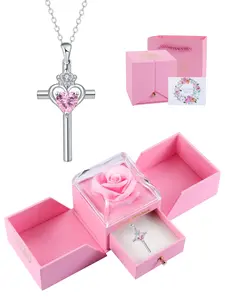 Crown Cross Heart Necklace With Rose Jewelry Gift Box, Love and Faith CZ Birthstone Cross Necklace for Women, Christmas Birthday Valentine's Jewelry Gift for Wife Girlfriend Mom