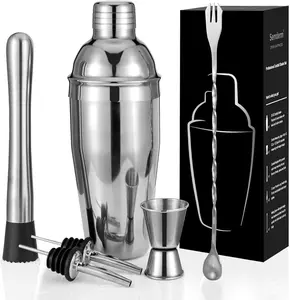 Cocktail Shaker Set, 6-Piece Mixology Bartender Kit Premium Shakers Bartending: Martini Shaker Jigger Mixing Spoon Muddler 2 Pourers Bar Tools Set with Built-in Bartender Strainer for Drink Shaker
