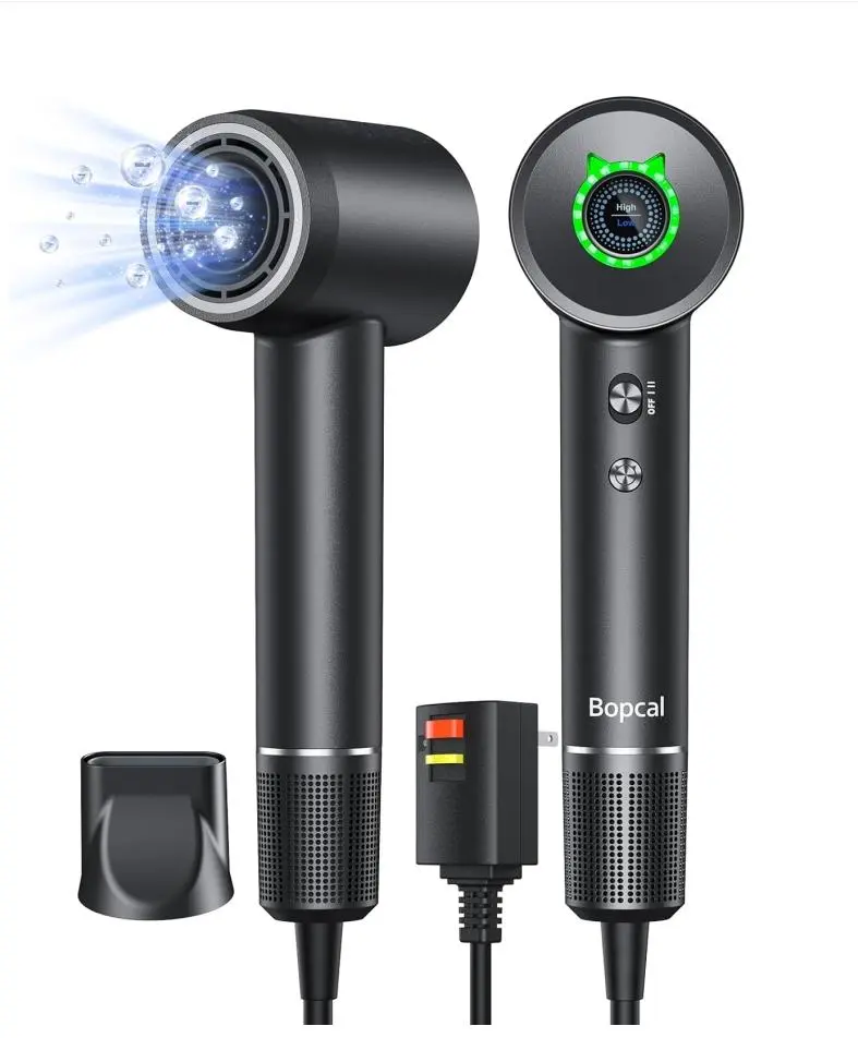 Bopcal Ionic Blow Dryer with Concentrator for All Hair Types, 1500W, 110000 RPM, Thermo-Control, 200 Million Negative Ions, Lightweight & Quiet