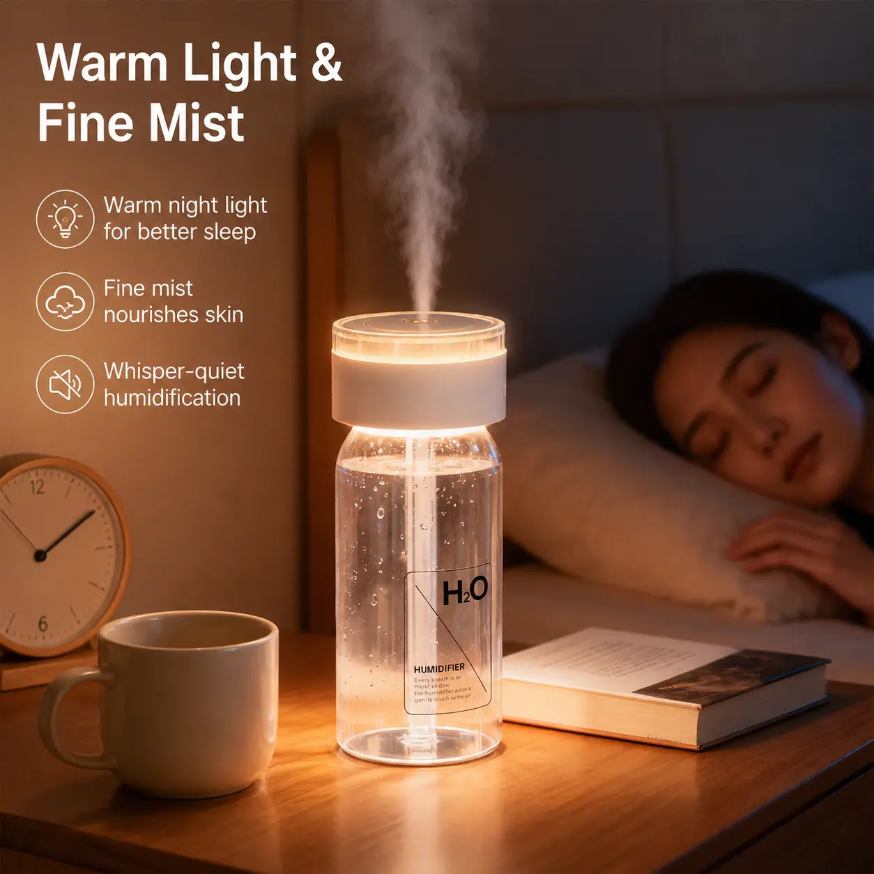 Portable Humidifier (1 Count) - Fine Mist Output, Nightlight, USB Rechargeable with USB C Charger, Transparent Cup, Travel-Ready Size, Slip-In Bag Carry for Travel, Bedroom Use, Fits Most Standard Car Cup Holders, Handheld Mini Humidifier