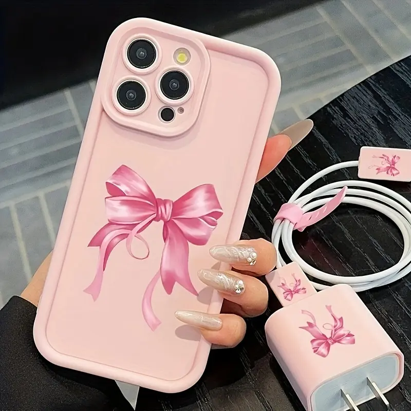 Ribbon Bow iPhone Case Set, Shockproof Protective Casing Cover with Charger Protector & Cable Organizer for iPhone 15 Series