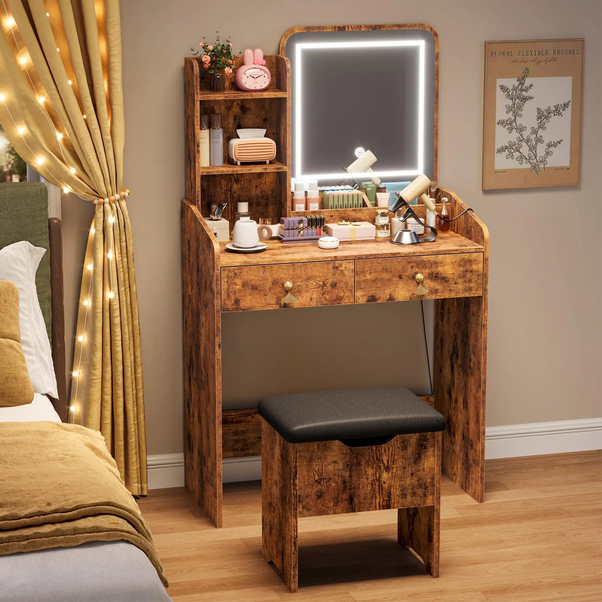 Vanity Desk with 3 Color LED Mirror and Charging Station, Makeup Vanity Table with 2 Large Drawers and 4 Open Shelves, Dressing Table Set with Storage Stool for Bedroom, Retro