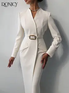 Women's Solid Color V Neck Long Sleeve Dress, Elegant Classy Flattering Waist-Cinching Design for Office, Events & Casual, Perfect for Spring & Autumn Formal Wear