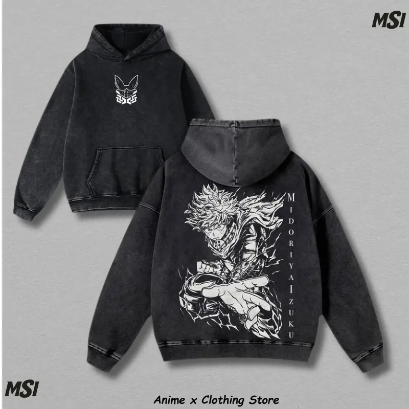 Deku Izuku Midoriya Hoodie Sweatshirt - My Hero Academia Vintage Oversize Washed Tee, Retro Anime Hero Graphic Top, Heavy Cotton Streetwear Fashion, Gift for MHA Fans & Anime Lovers