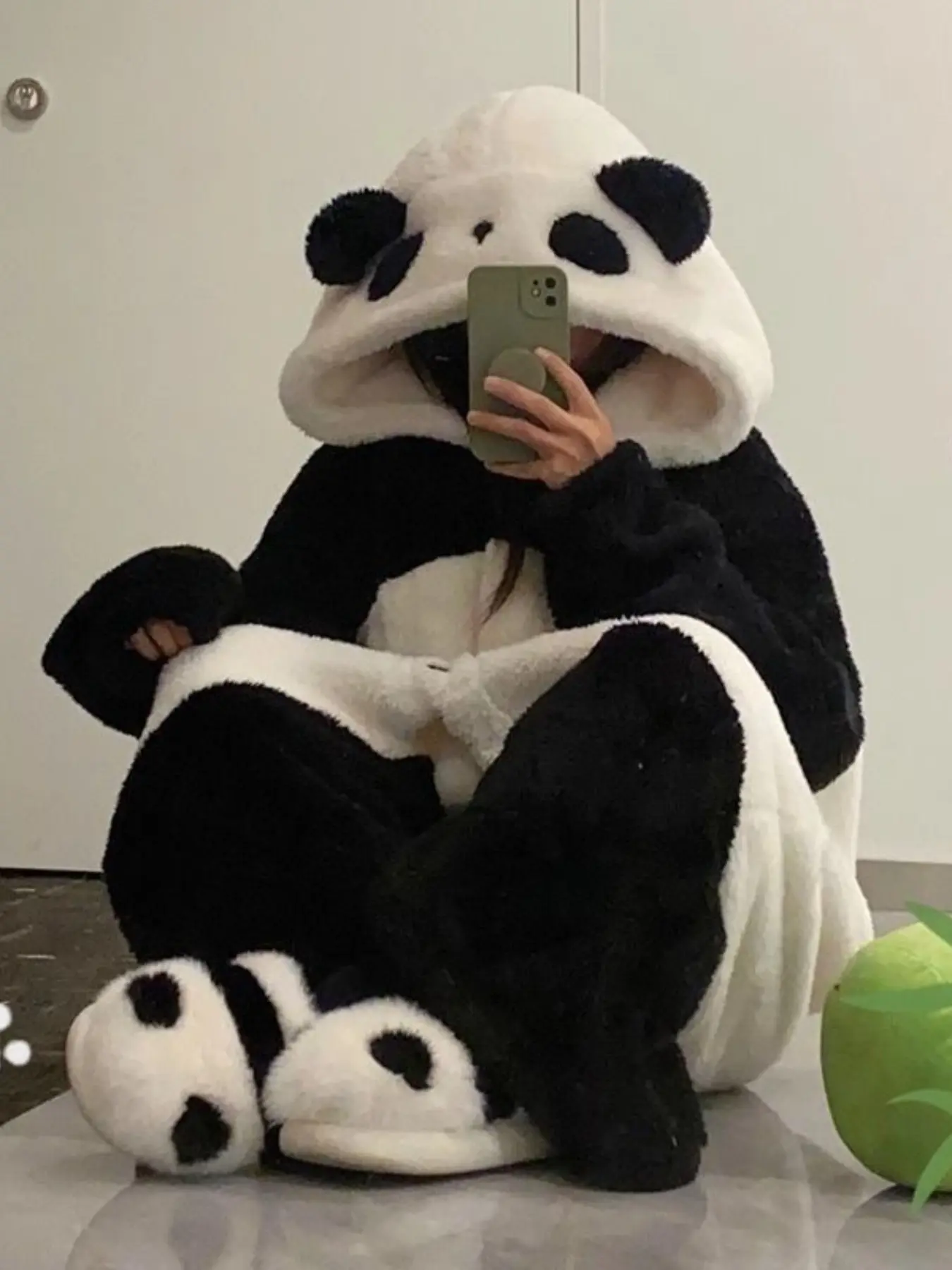 Women's Cartoon Panda Pajamas Set, Winter Coral Fleece Thick Sleepwear, Cute Girls Home Clothes, Warm Nightgown & Robe, Loungewear