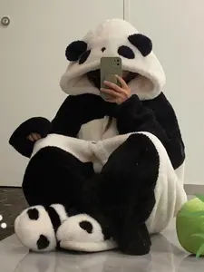Women's Cartoon Panda Pajamas Set, Winter Coral Fleece Thick Sleepwear, Cute Girls Home Clothes, Warm Nightgown & Robe