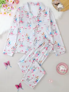 Women's Cute Cartoon Rabbit Mushroom Print Pajama Set, Button-Front Fitted Long Sleeve Top with Pockets & Comfortable Pants, All-Season Casual Sleepwear Loungewear, Pjs, Pyjamas