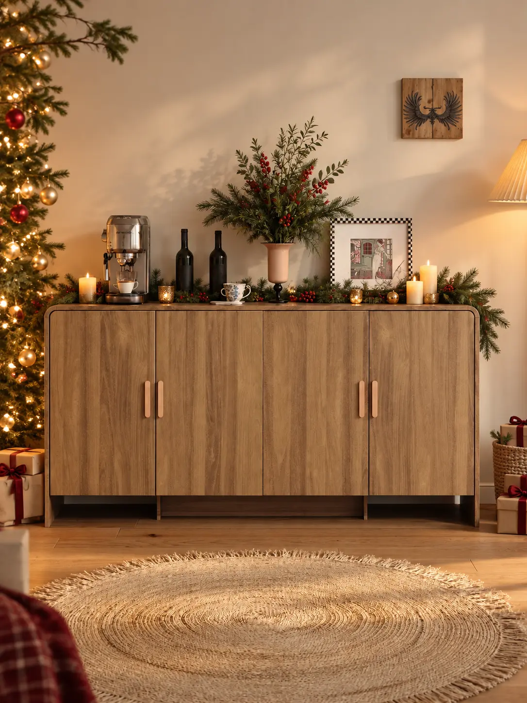 【TiktokShopStockUp】ONBRILL Gorgeous 31.5"/60" Sideboard Buffet Cabinet with Storage, Curved Design Modern INS Coffee Bar Cabinet with Doors, Farmhouse Storage Cabinet with Adjustable Shelves for Living Room Kitchen Hallway,Bedroom Furniture, Coffee Bar