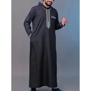 Men's Loose Fit Long Sleeve Hooded Robe, Luxurious Embroidery Traditional Middle East Juba Sobey Muslim Loungewear