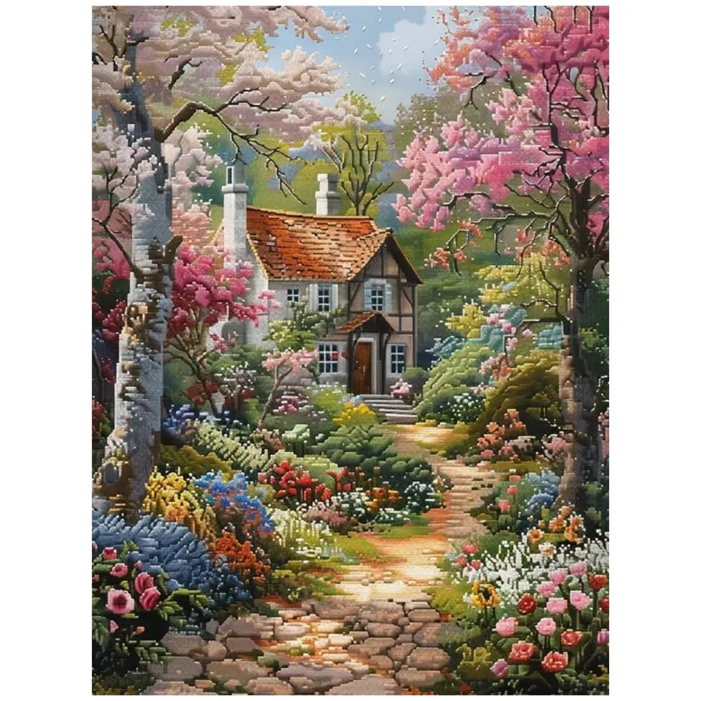 Spring cottage with cherry blossoms and flower path wall art, Crafts, Diamond painting kits, multiple sizes available, 5D DIY diamond painting set diamond art embroidery kit furniture decor holiday birthday art personalized gift
