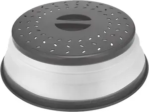 Collapsible Microwave Splatter Cover 10.5” BPA-Free Food Cover with Easy Grip Handle Fruit Drainer Dishwasher Safe Kitchen Gadget Grey