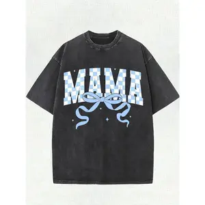 100% washCotton Vintage Washed cotton T-Shirt- Street Style Loose Short Sleeve '' Blue and White Checkerboard Pattern with Bowknot Print, Crew Neck Casual Summer Top, Everyday Street Style Clothing, Vintage Pattern Shirt