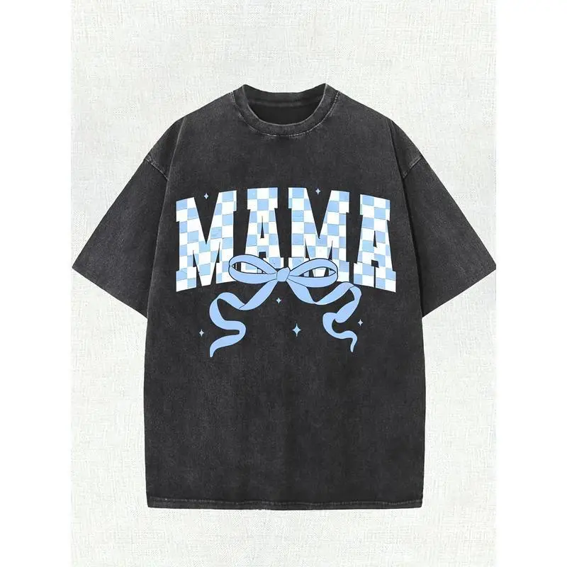 100% washCotton Vintage Washed cotton T-Shirt- Street Style Loose Short Sleeve '' Blue and White Checkerboard Pattern with Bowknot Print, Crew Neck Casual Summer Top, Everyday Street Style Clothing, Vintage Pattern Shirt