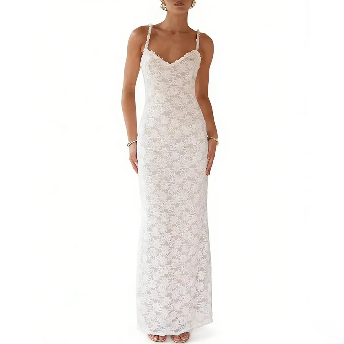 Aprilake Women's  Lace Floral Sweetheart V Neck Micro Frill Trim Straps Sleeveless Bodycon Stretchy Long Maxi Cocktail Party Dress