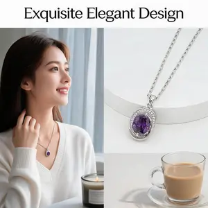 Dainty Silver Oval Cut Purple Crystal Halo Pendant Necklace, Adjustable Rotatable Box Chain, Amethyst Rhinestone Aesthetic Vintage Luxury Jewelry, Ideal Wedding/Birthday Gift for Girlfriend,summervibes