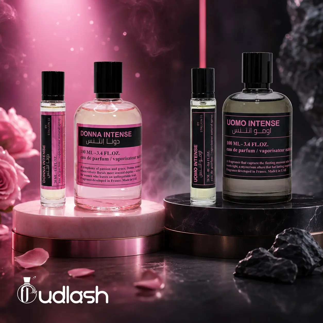 Oudlash Bundle | Stallion 53 | Uomo Intense + Donna Intense | Womens Fragrance | 100ML x2 + 20ML x2 |  Violet- Cardamom, and Amber