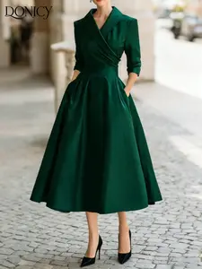 Women's Satin Mandarin Collar Seven-Quarter Sleeves Wrap Waist A-Line Midi Dress, Elegant Chic Business Casual Office Formal Wear