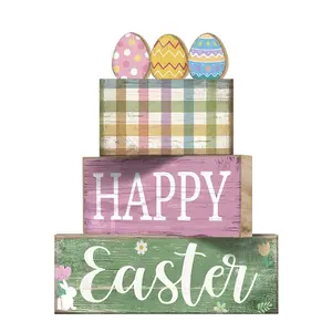 4 Pcs Easter Party center decoration,Wooden Eggs Happy Easter Day Tiered Tray Decor Eggs Centerpieces Decorative Colorful Egg Block Signs Gift Farmhouse for Holy Week Home Kitchen Party Decor