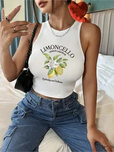 Women's Slim-Fit Crop Top with Lemon Print, Casual Round Neck Sleeveless Tank Top, Summer Lightweight Fashion Comfortable Top for Daily Wear
