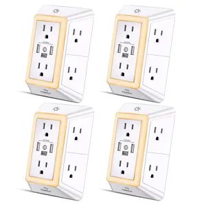 [4-Pack]  Outlet Extender Multi Plug Outlet Surge Protector - 3 USB Ports (1 USB C) and Night Light Function, 3-Sided Power Strip with Adapter Spaced Outlets - White，ETL Listed