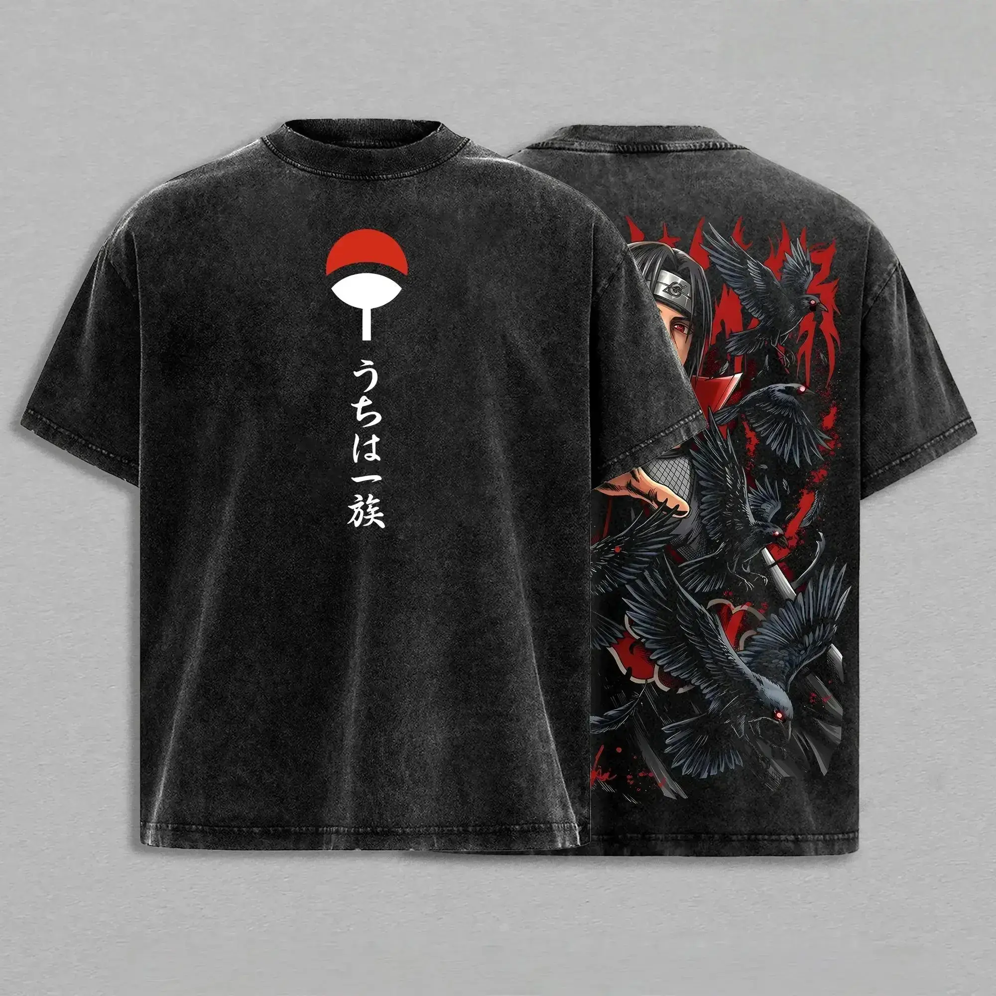 Vintage Washed Oversized Anime Graphic Tee Uchiha Clan Slayer Shinobi Crow Illusion Red Eye Ninja Streetwear Retro 100% Cotton Men Women Y2K Trendy Japanese Manga Top Casual Cool Fan Apparel Cosplay Gift Summer Skater Gym Outfits Aesthetic Clothes Shirt