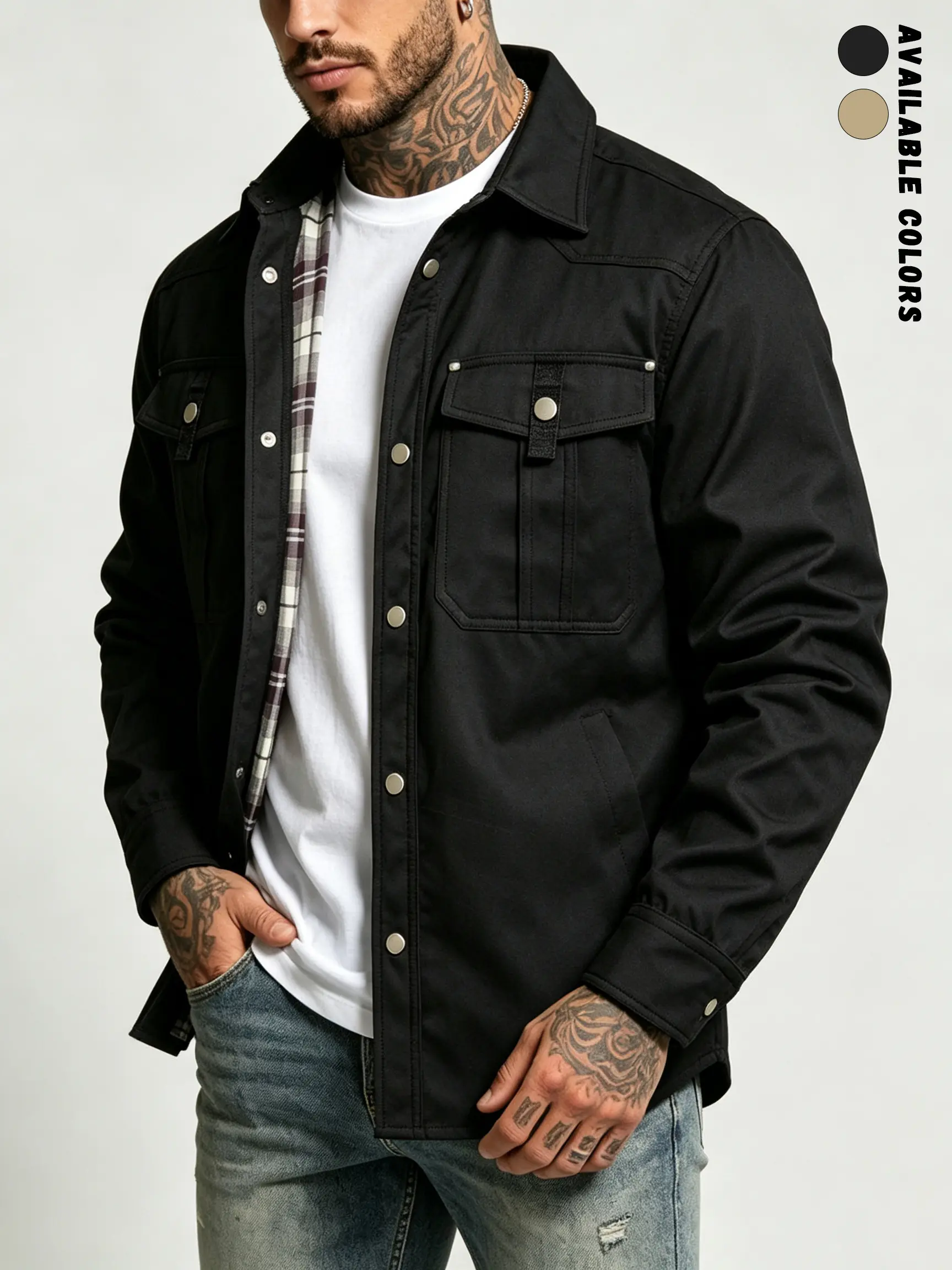 Men’s plaid jacket with inner lining, notched lapel collar, dual metal buttons, chest pocket, loose casual workwear shirt jacket, street-style outerwear Coats Jackets Tops