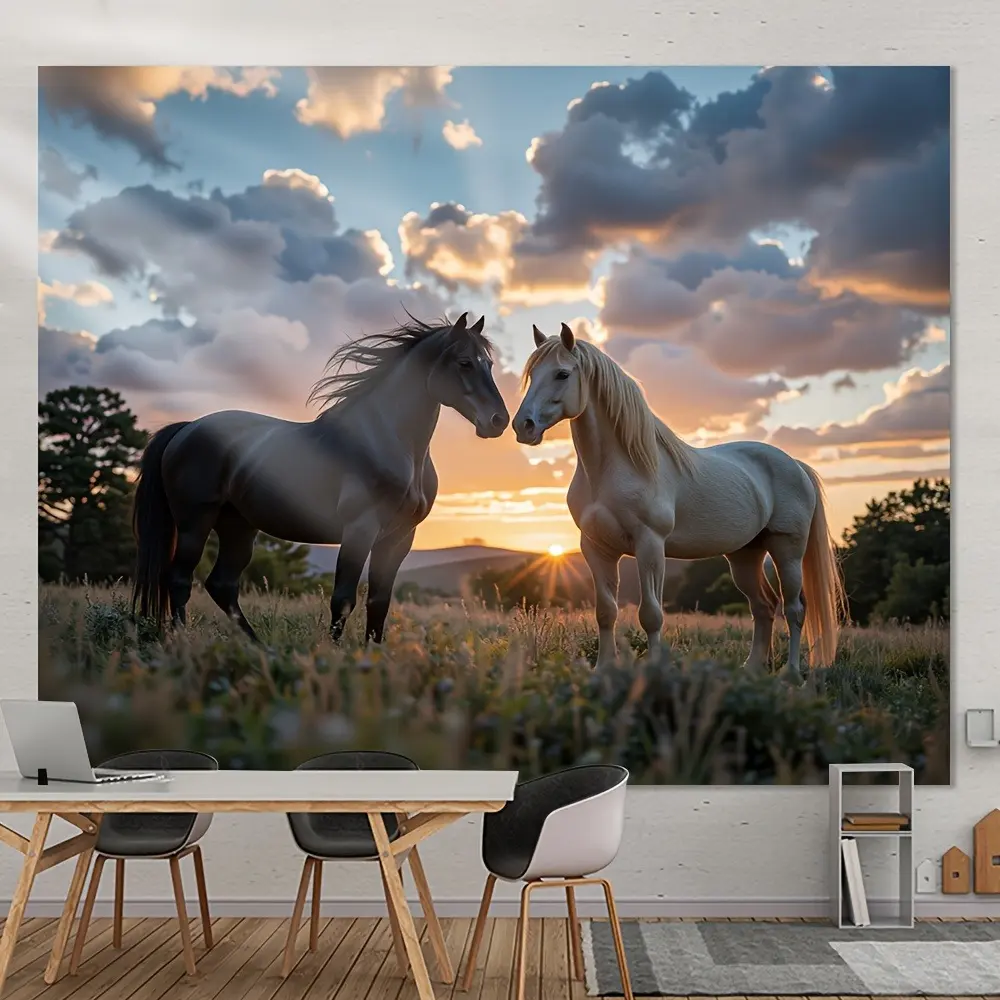 Durable Polyester Tapestry - Vintage Room Decor, 1 Retro Wall Hanging with Horse & Grassy Pastoral Sunset Scene, Easy to Clean, High-Def Print Captures Sunset Hues, 1 Tapestry Upgrades Wall/Sofa/Bed, Gift for Girls & Living Room Festival Decor