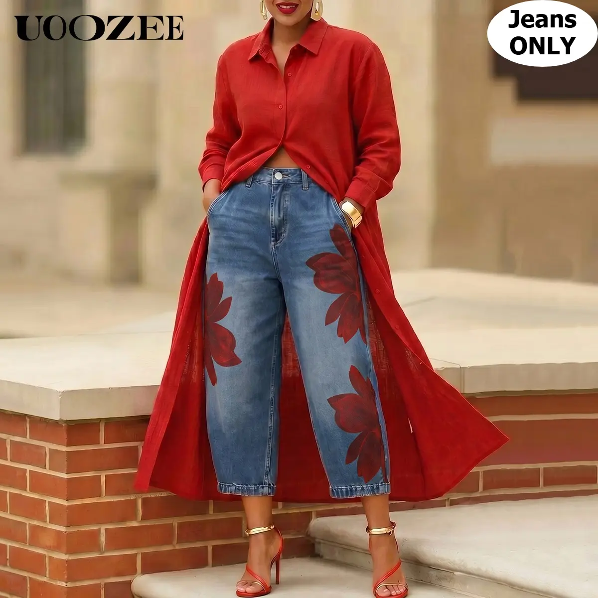 UOOZEE Women's High-Waist Floral Print Barrel Jeans - Soft Polyester-Cotton Wide Leg Cropped Denim, Relaxed Fit for Street Style, Smart Casual Everyday Wear