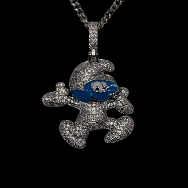 14k White Gold Plated Smurfs Pendant with CZ, Necklace Chain, Daily Chain Jewelry Necklaces