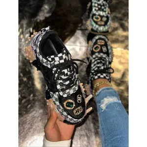 Women’s Sequined Casual Shoes, Breathable Sporty Sneakers, Fashion Color-Block Design, Spring & Autumn New Style, Available in Plus Sizes
