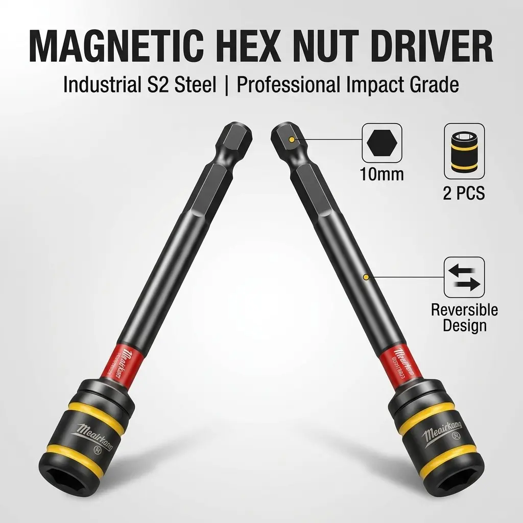2-Pack 10mm Magnetic Hex Socket Wrenches, 100mm Extended, S2 Alloy Steel, 1/4" Hex Handle, Strong Magnet, Deep Hole Screw Removal, Drill Compatible, Hex Bit Socket, Multifunctional Socket Wrench