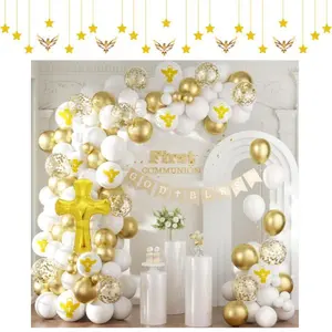 First Holy Communion Decorations for Boy Girl – Balloon Garland Arch Kit with God Bless Banner for Baptism & Religious Party