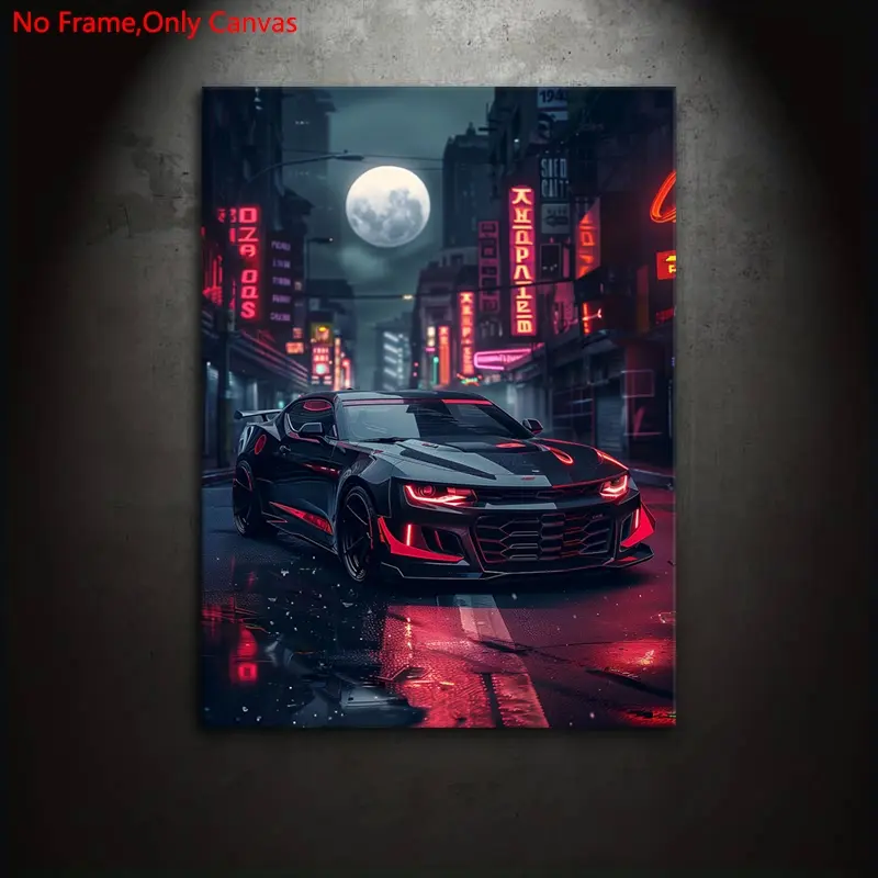 1 Piece/Set Frameless Canvas Painting Print Poster, Art Canvas Prints, Print Design, Classic Cyberpunk Neon Anime Vehicle Pop Art, Chevrolet Camaro, Gift For American Muscle Car Lovers, Home Wall Decor
