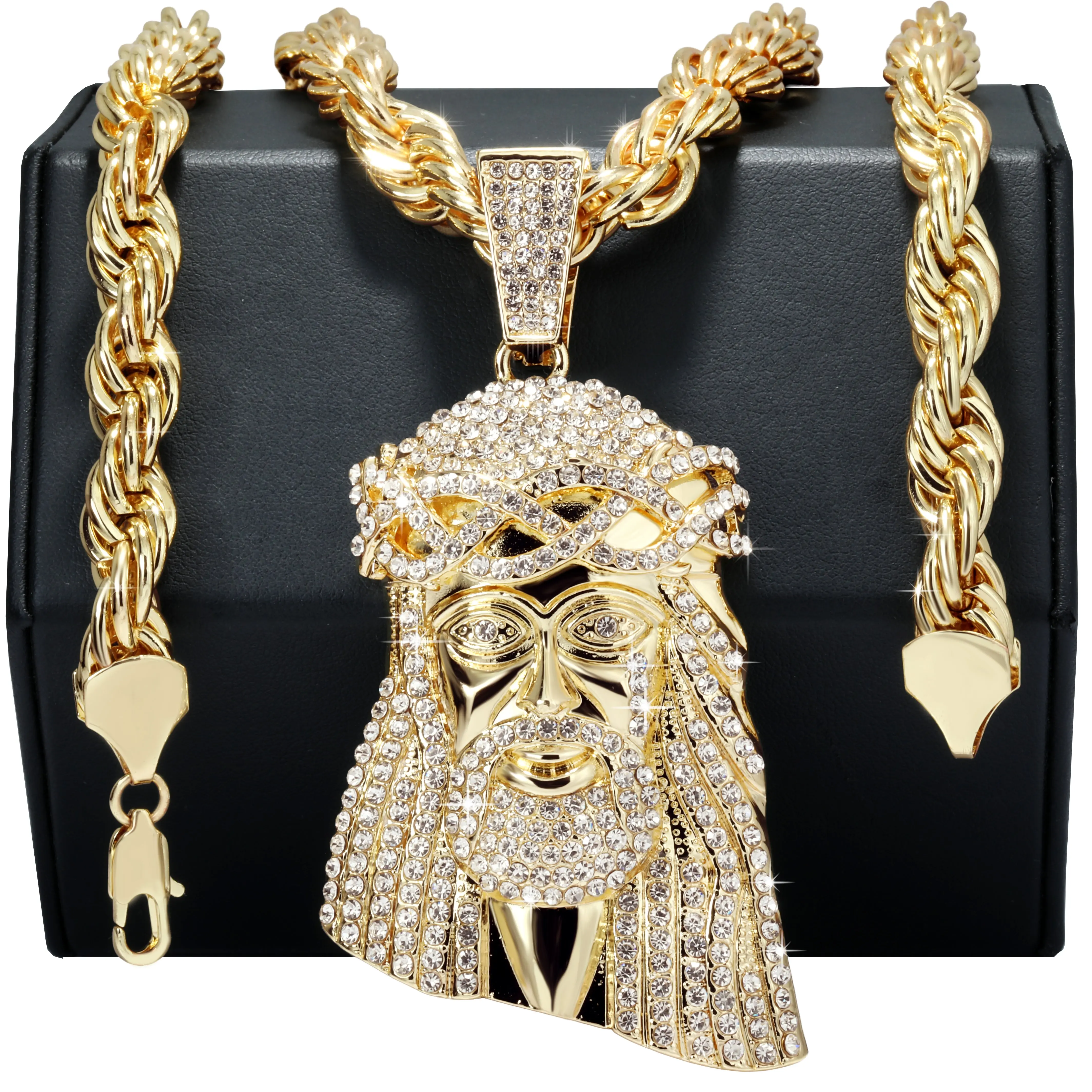 14k Tear Jesus Piece Necklace | 10mm Rope Chain Gold Plated