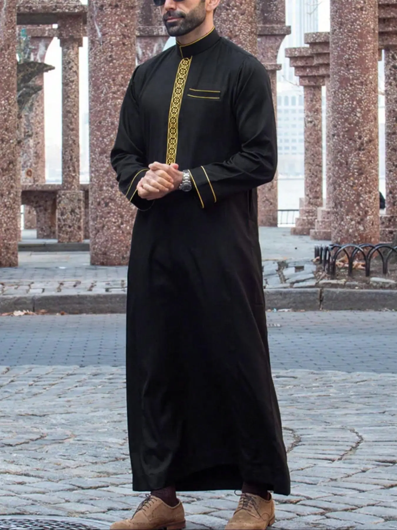 Islamic Men's Modesty Premium Traditional Arabic Thobe, Embroidered Arab Casual Stand Collar Long-Sleeve Robe, Suitable for Festivals, Ramadan Gifts and Business Travel, Modest Muslim Thobe