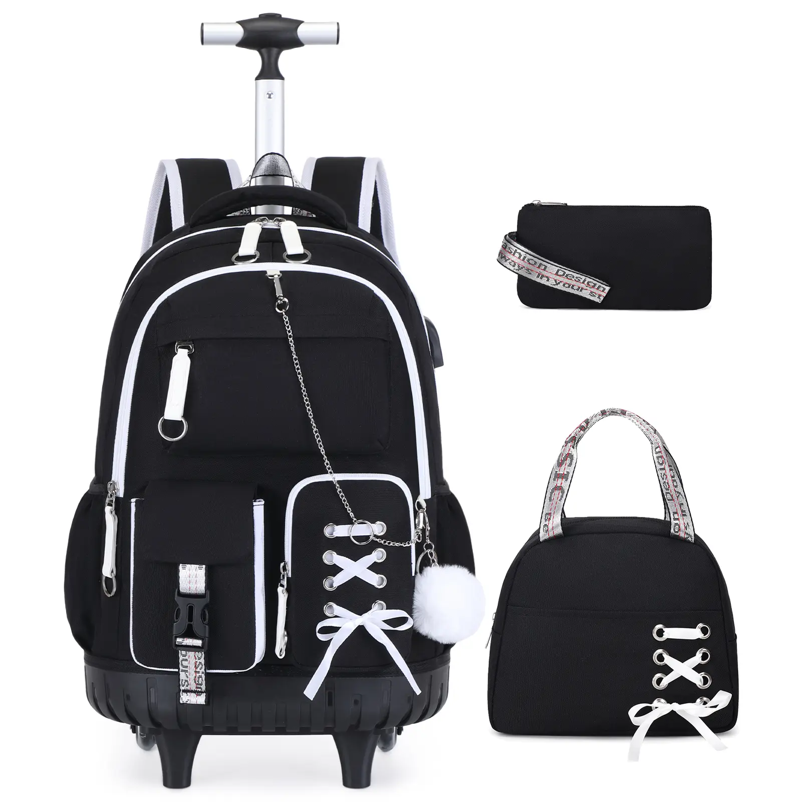 SIMILOVE Rolling Backpack for Girls Teens, Y2K Aesthetic School Backpack Set for Daypack and Travel, Wheeled Bookbag with USB Charging Port for Elementary Middle High School College Students