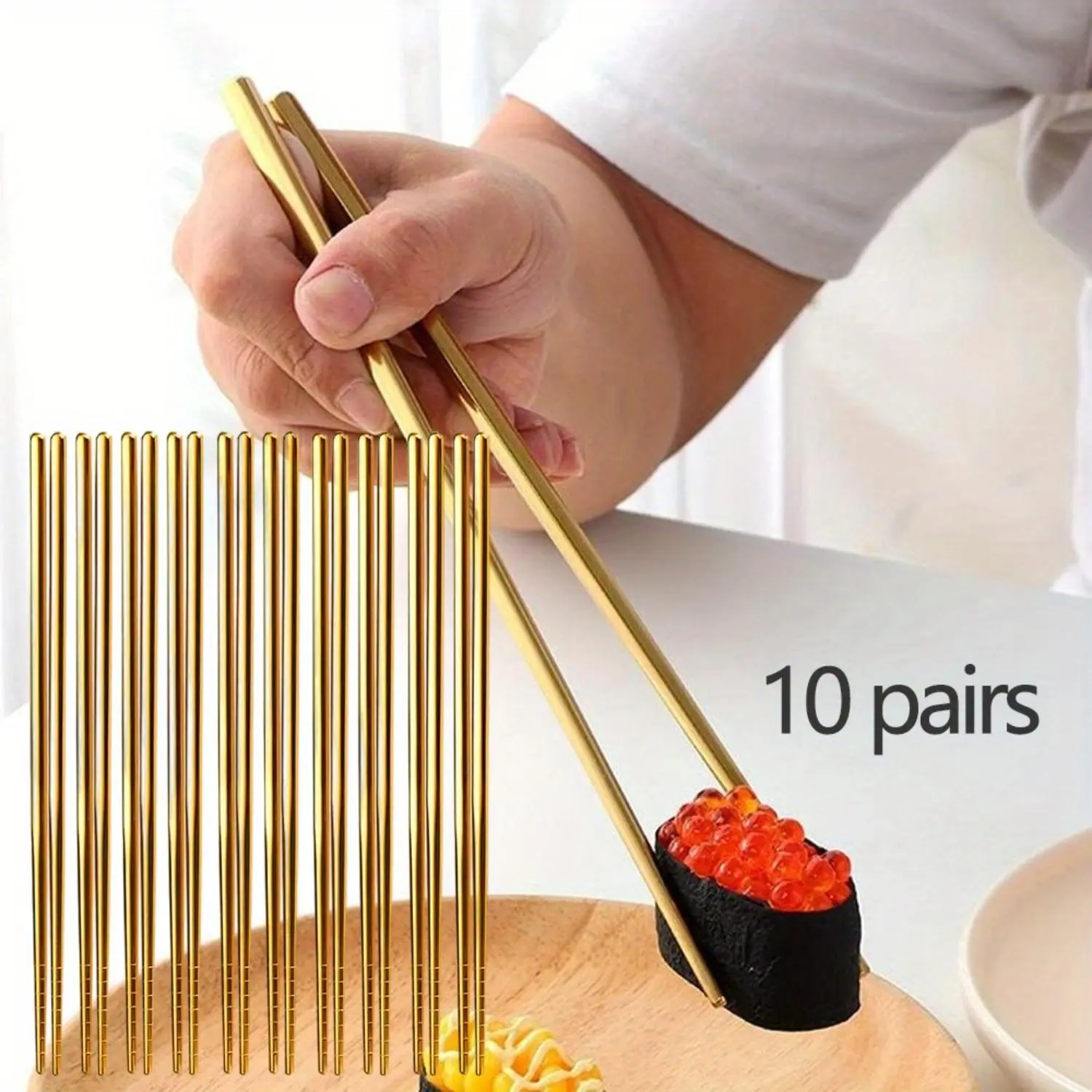 10 Pairs Reusable Chopsticks,8.9 Inch Titanium Gold Plating Stainless Steel Metal Chop Sticks,Japanese Chinese Korean Chopstick Dishwasher Safe