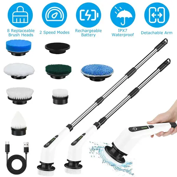 Cordless Electric Spin Scrubber - Rechargeable Battery Power Cleaning Brush with Telescopic Arm (Extends 31"-41"), 8 Heads Including Flat Head for Spin Scrubbing