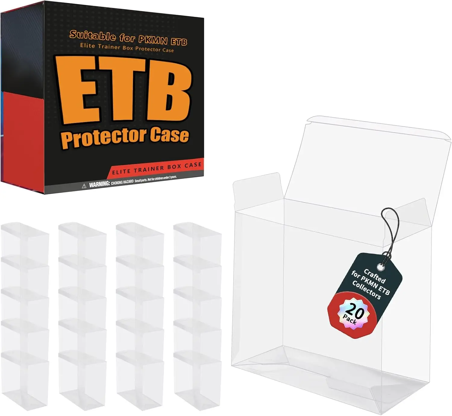 20 Pack ETB Protector Case Crafted for PKMN Elite Trainer Box Protector Cases 0.5mm Thick PET Plastic PKMN ETB Case Protector Crystal-Clear Heavy Duty with Auto-Locking Bottom & Protective Film