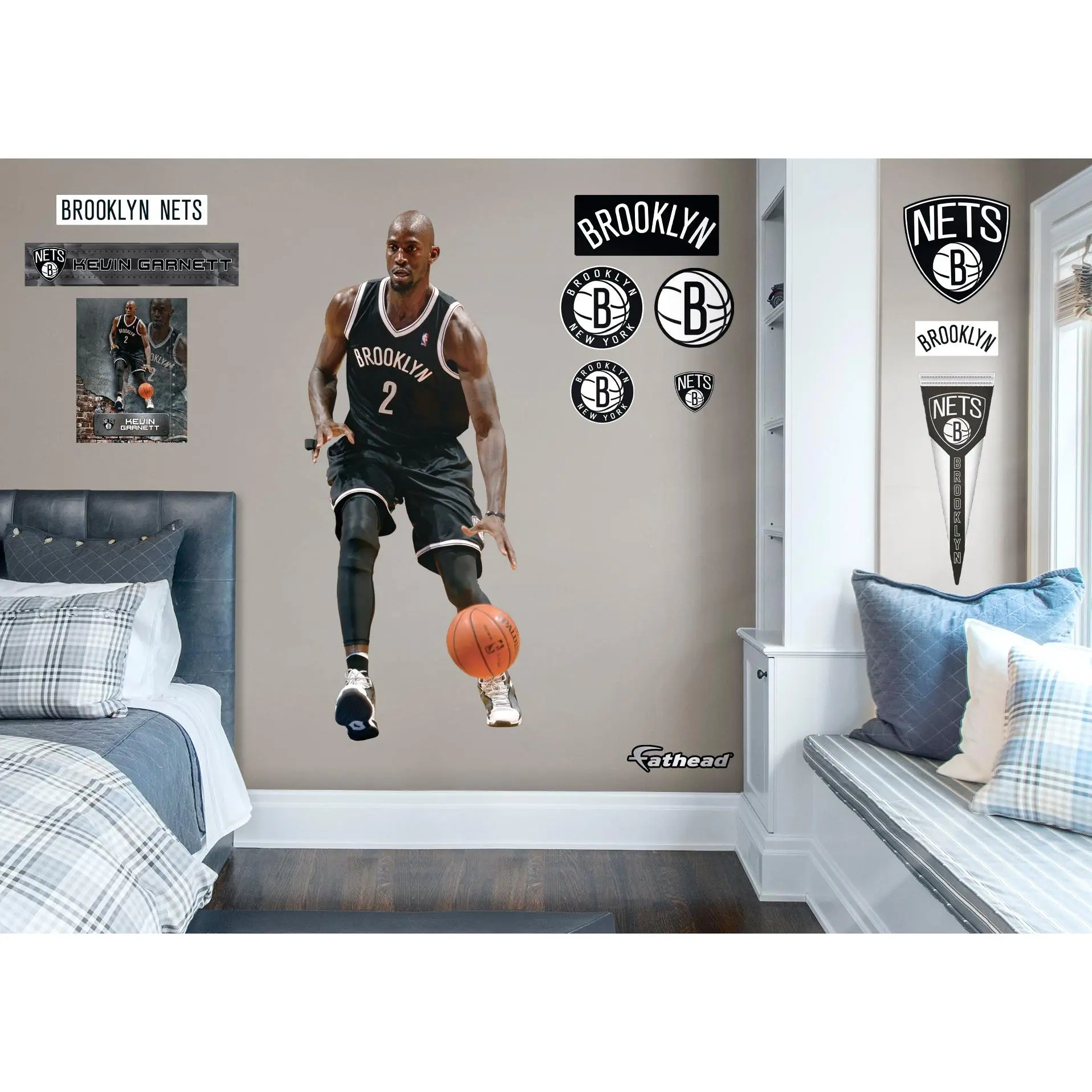 Kevin Garnett Official NBA Brooklyn Nets RealBig Legend Collection Vinyl Wall Stickers, Low-Tack Adhesion Team-Themed Decorative Decals, Removable Room Wall Art Home Supplies, Removable Wall, House Decor