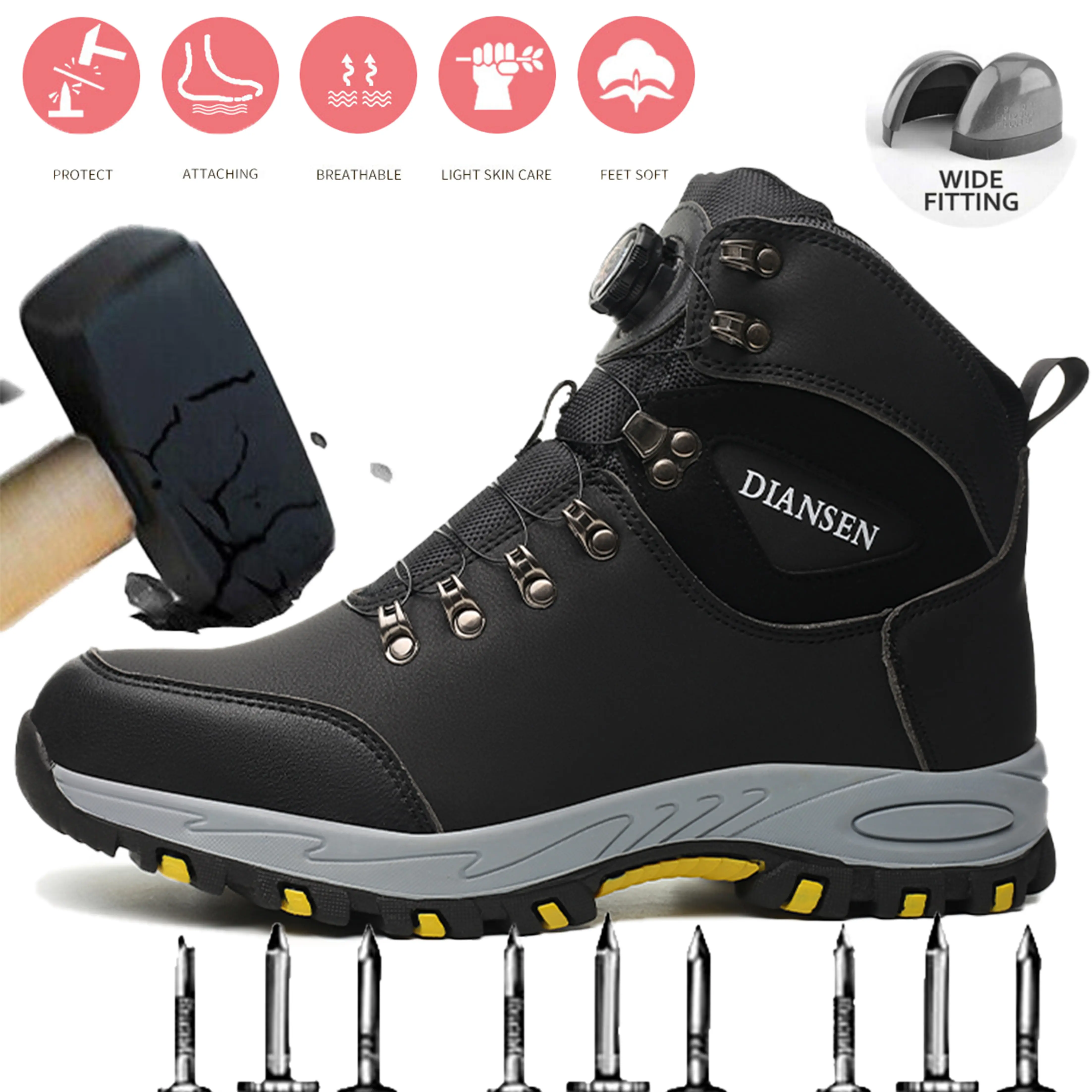 Men's Steel Toe Safety Shoes, Breathable Mesh Work Sneakers with Puncture-Proof Kevlar Midsole, Lightweight & Wear-Resistant for Construction, Breathable Work Boot, Fashion Safety Shoes, Buckle, Minimalist, Round Toe