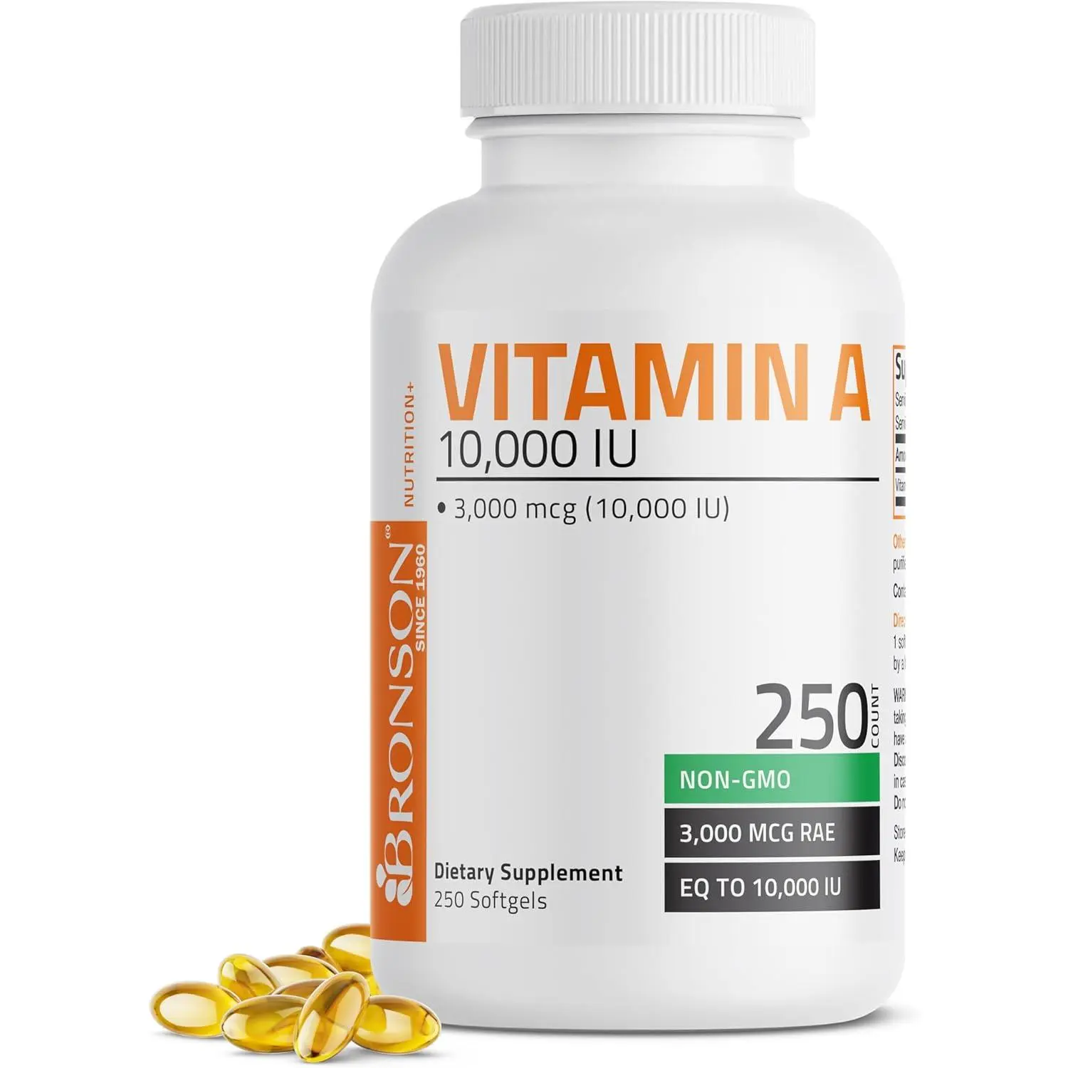 Bronson Vitamin A Dietary Supplement Softgels - 10,000 IU, Premium Natural Non-GMO Glycerin & Soybeans Formula, Eye Health Vitamins Supplements, Supports Healthy Vision, Immune System & Healthy Growth, For 12+ Years & Adults, 250 Count
