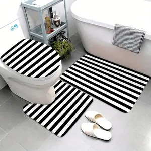 Contemporary Striped Bath Rug Set, 3PCS Flannel Non-Slip Absorbent Mat, Includes Contour Rug and Toilet Lid Cover for Decor