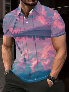 Men's Summer Casual Polo Shirt, Digital Print Mesh Breathable Lightweight Top, Short Sleeve Fitted Tee, All Seasons Wear