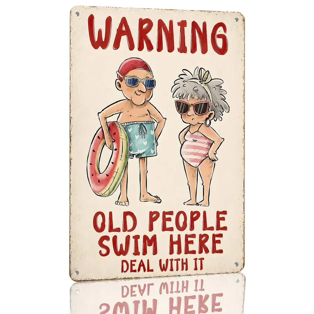 Old People Swim Here Pool Sign Aluminum Warning Old People Swim Here Deal With It Decorative Sign Funny Pool Themed Metal Wall Art For Backyard Pool Patio Outdoor Rustic Decoration 12×8 Inch