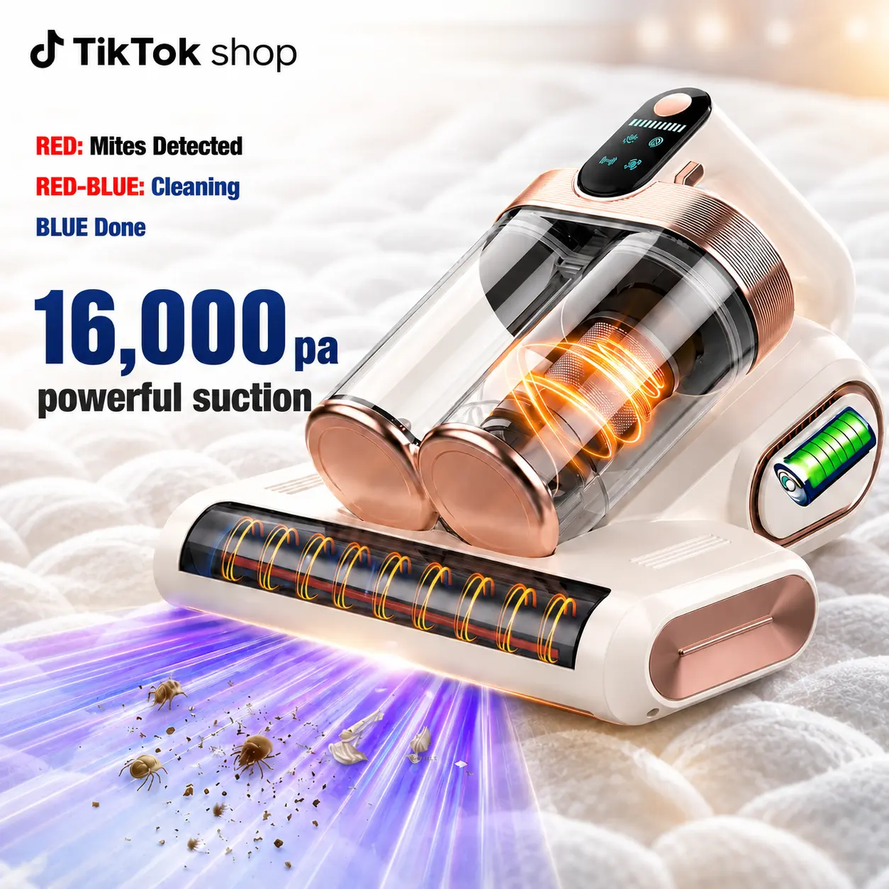 Cordless Mattress Vacuum Cleaner, 16Kpa Deep Clean Bed Vac with 80000 RPM Tapping, UV-C Light & Ultrasonic, Dual HEPA Dust Cup for Sofa, Crib and Pet Hair