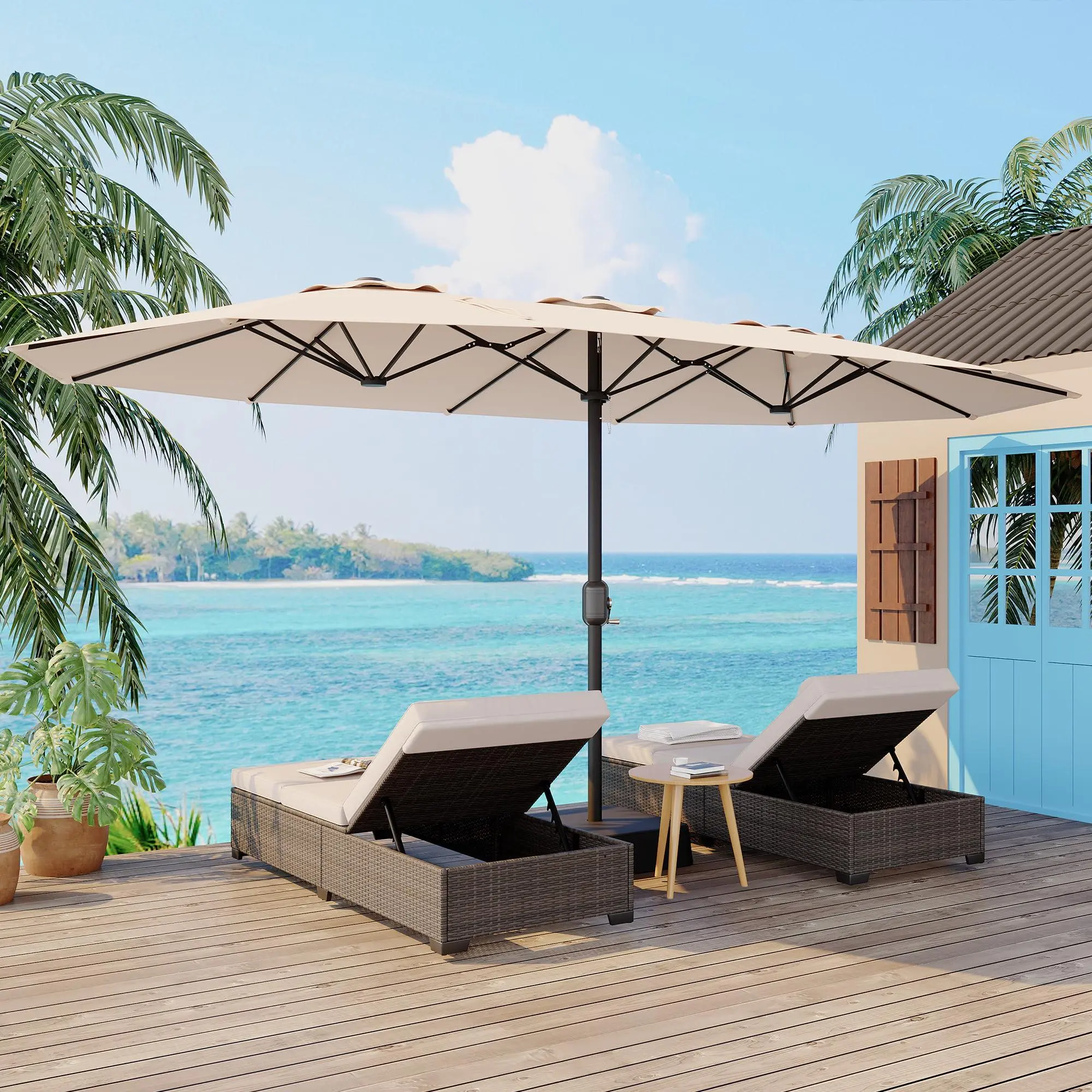 GARVEE Outdoor Double-Sided Rectangle Market Umbrella, 15FT Large Patio Umbrellas With Base Included, Double-Topped Patio Umbrella for Poolside Lawn Backyard