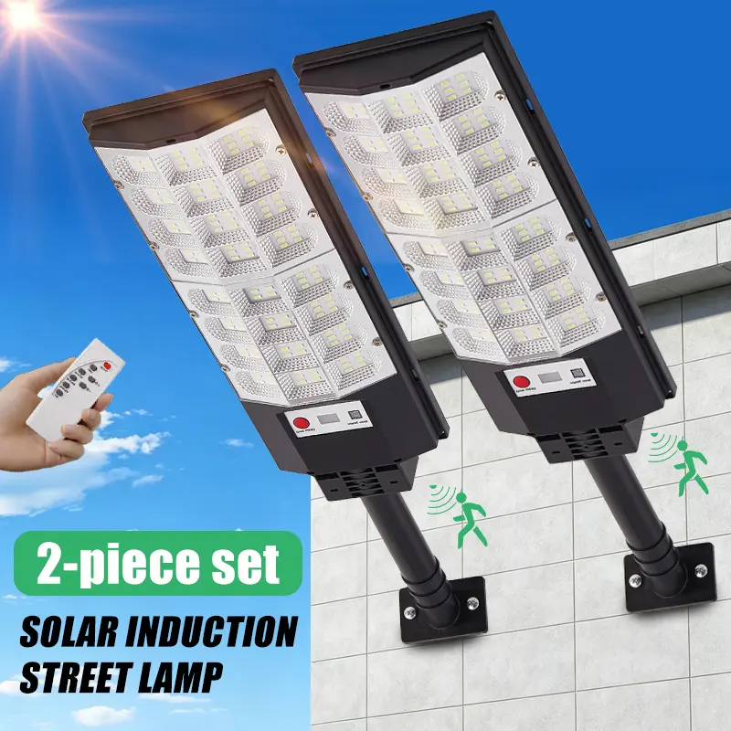 2-piece 3D curved integrated solar lamp, 144 LED IP65 waterproof outdoor street light, with human motion sensor, remote control, and timer function, suitable for courtyards, gardens, streets, villas, and parks.