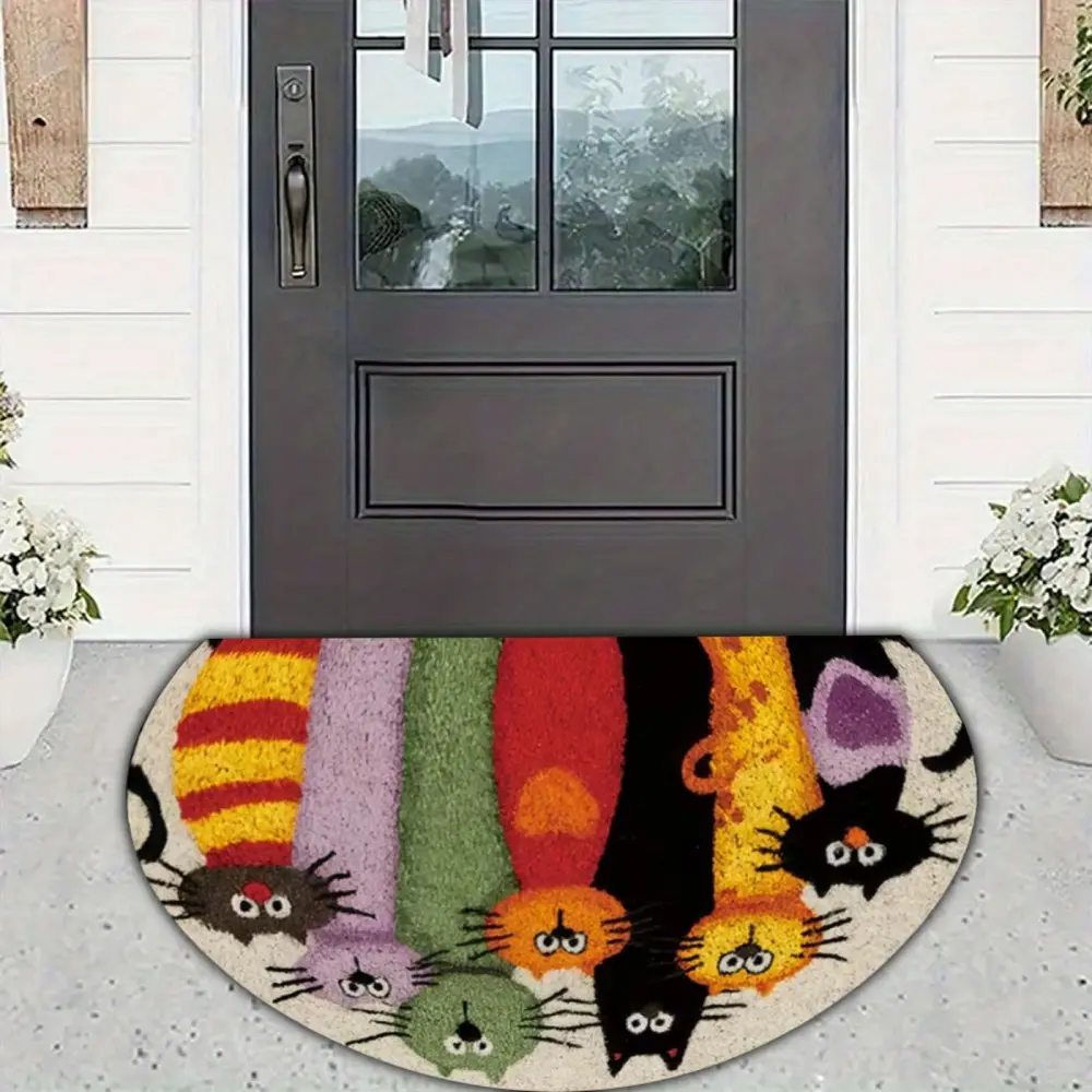 1 piece of colorful cat pattern style semi-circular door mat, Decorative Rug Mat, super soft and washable, suitable for living room, kitchen, bathroom, bedroom and outdoor decoration, Home Decorative Rug