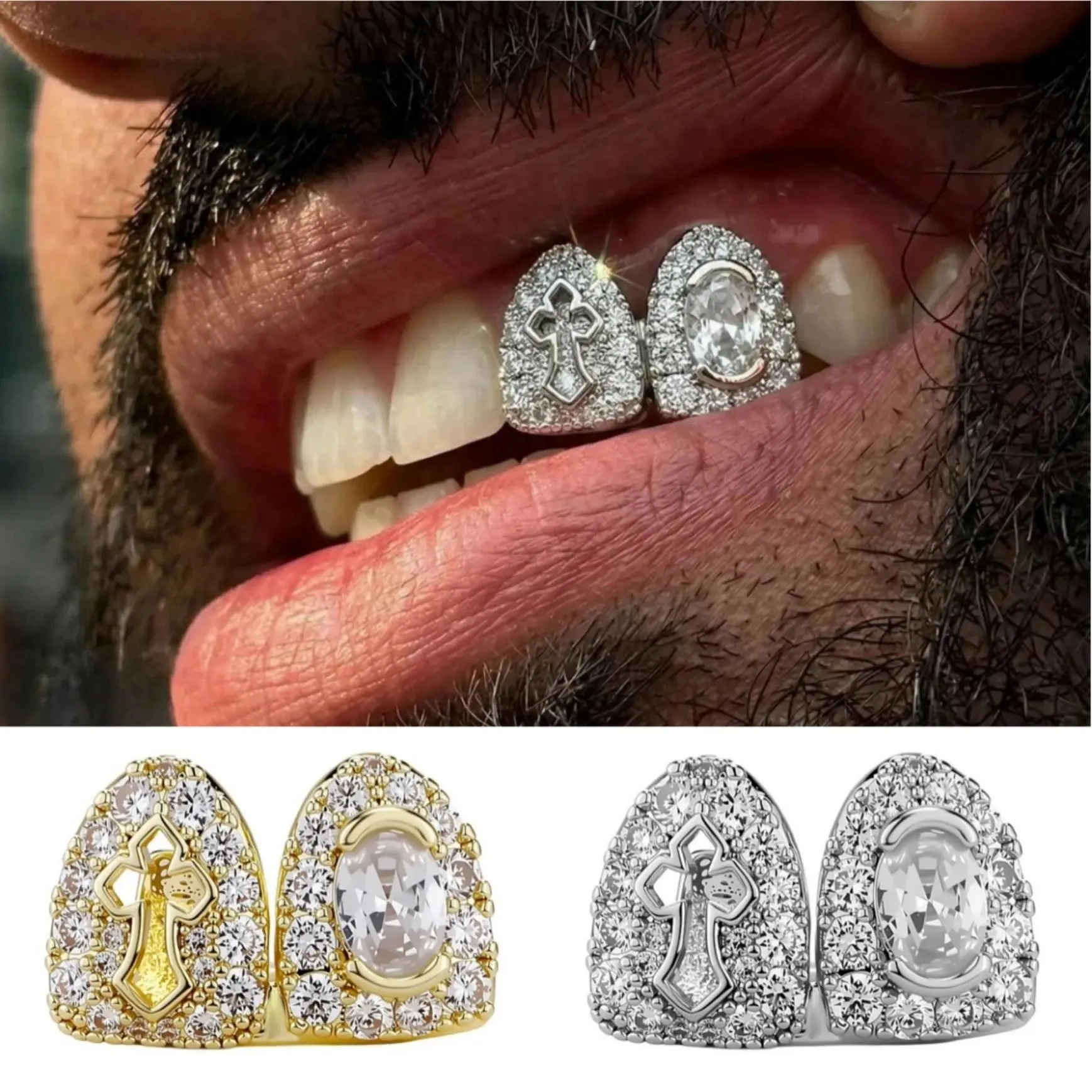 Men's Gold Silicone Grillz Dental & Teeth Accessory - Double Teeth Full Iced Hollow Holy Cross CZ, Top & Bottom Punk Costume Jewelry, Christmas Gift Fashion Accessory, Dental Accessory